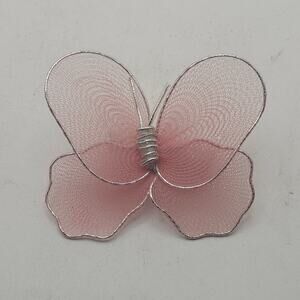 Pink Mesh Butterfly Brooch Pin Sheer Wired Wings Silver Tone Fairycore Pastel